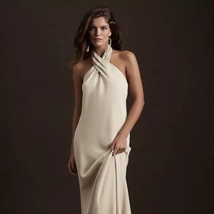 BHLDN Ruby Twist Halter Satin Gown, Champagne, Size 16